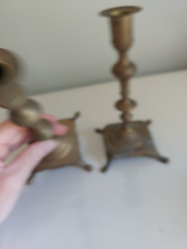 Vintage Pair Of Brass Square Base Footed Candlestick Holders 7.5" - Picture 4 of 10