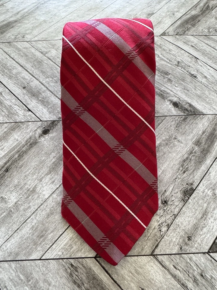 Corbata para hombre NICOLE MILLER 100 % seda de diseñador roja gris a rayas oficina usada en excelente estado Foto 3 de 4