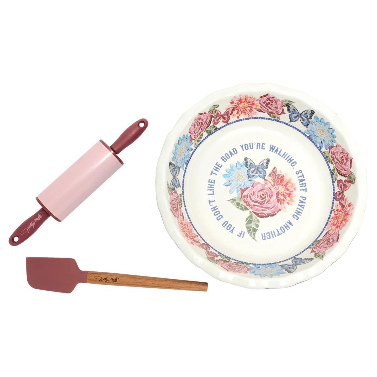 Dolly Parton Ceramic Pie Floral Dish with Rolling Pin and Spatula 3 pc Set New