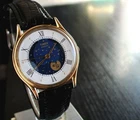 VINTAGE TIMEX M CELL ELEGANT MOON PHASE DIAL QUARTZ MEN'S GOLDEN BLK DRESS WATCH