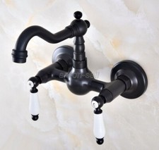 Oil Rubbed Bronze Bathroom Basin Sink Faucet Dual Handles Mixer Tap Wall Mount