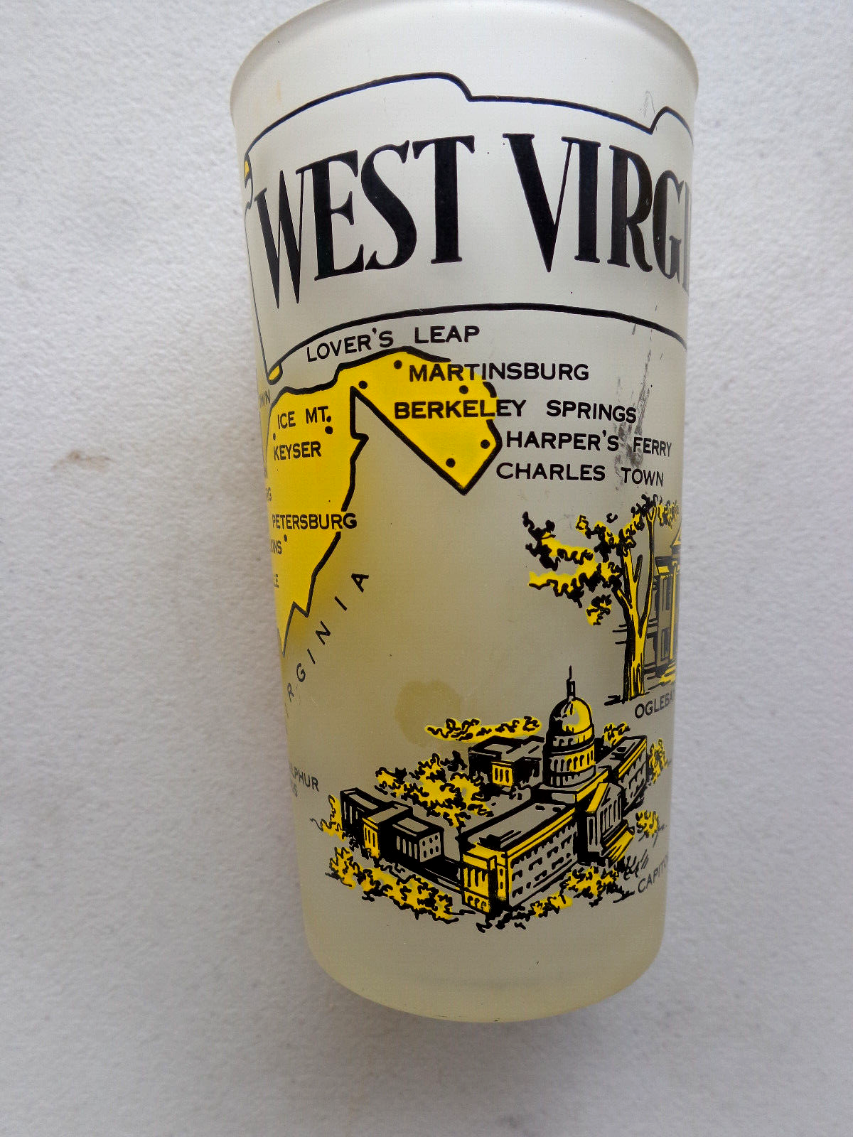 Vintage Hazel Atlas Drinking Glass Souvenir Historical Sites Map west virginia