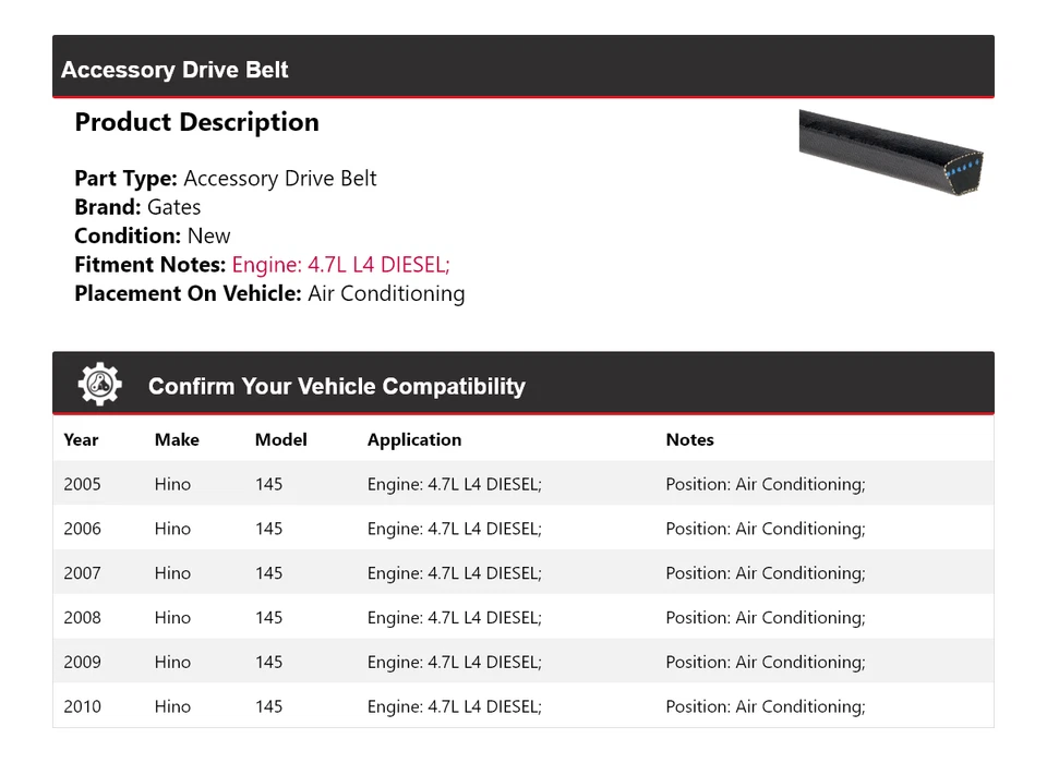 For 2005-2010 Hino 145 4.7L L4 DIESEL Drive Belt For AC Gates 2006 - Image 2 of 4