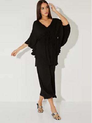 Kimono Tunic Top Black Drawstring Waist Tie NY&C Style System Sz Medium V-Neck 
