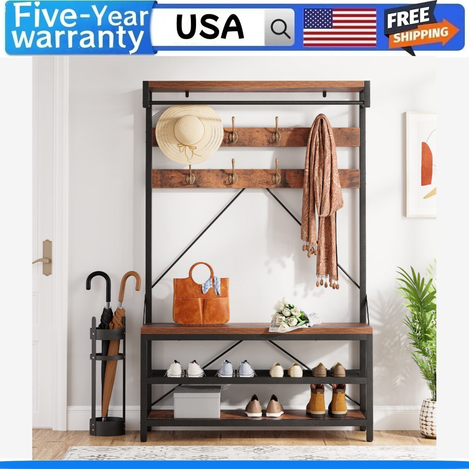 🎱Industrial Coat Rack Shoe Bench 72