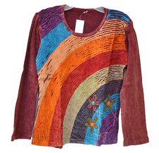 NEW HANDMADE IN NEPAL MAROON RAINBOW STRIPE FLOWER RIPPED SWEATER SIZE SMALL & M