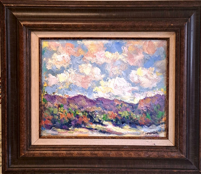 Oil Painting Landscape Mountains Clouds Shadows Impasto Vintage Frame by Donalee