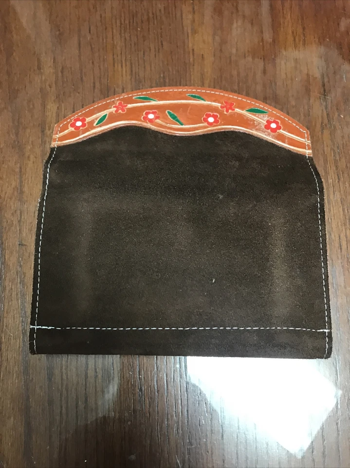 Cartera vintage años 70 de gamuza/cuero hippy con flores coloreadas marrón Foto 2 de 4