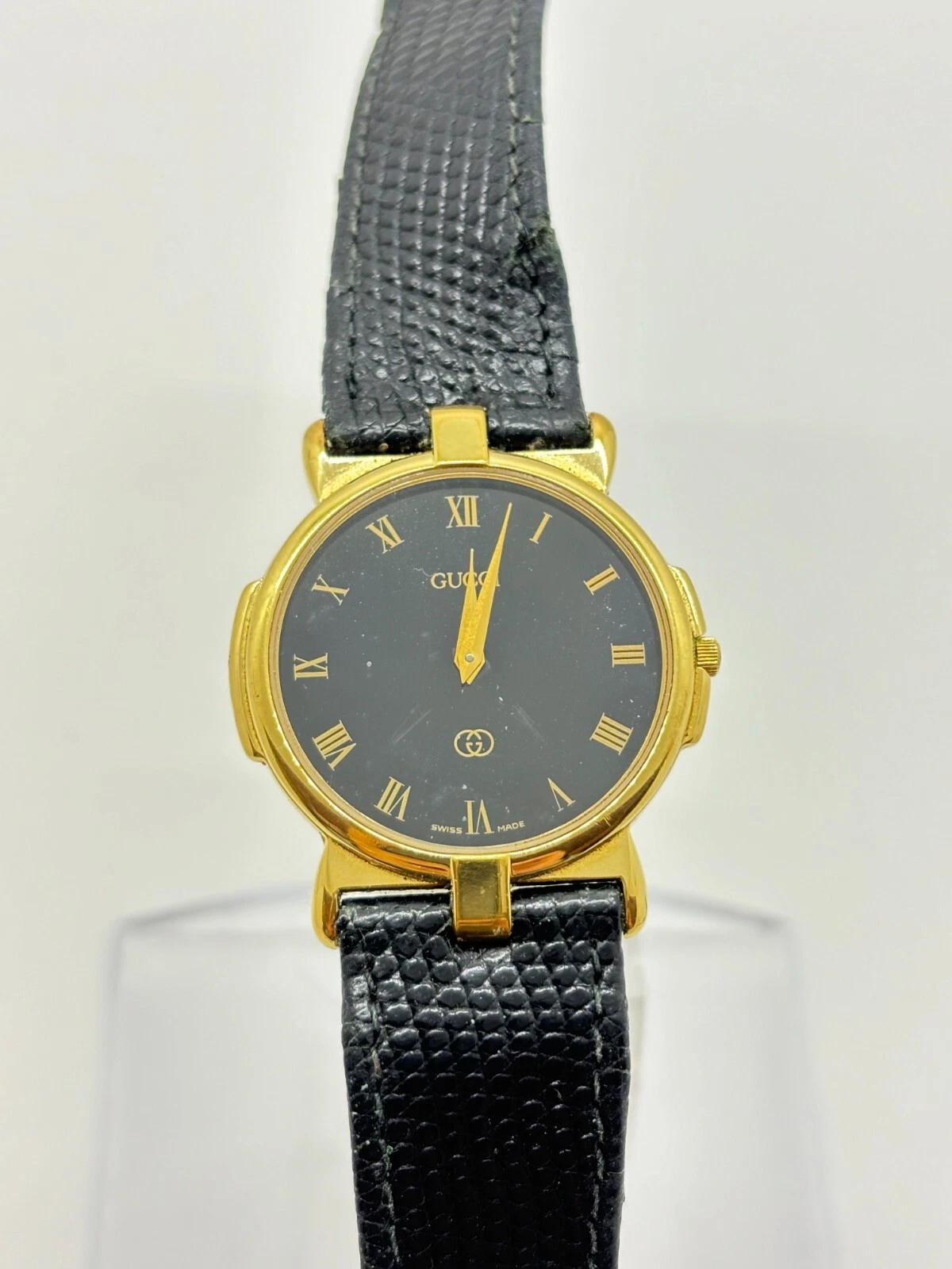 [Exc+5] Montre Homme Gucci 3400F M Plaqué Or Cadran Noir Qz Occasion Fonctionne [Lire]