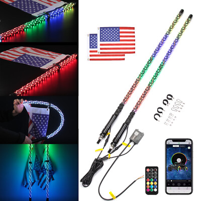 KEMIMOTO Bluetooth Pair 3ft RGB LED Spiral Whip Lights for UTV ATV App Control