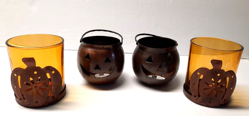 Candelabros de calabaza Jack O Lantern de metal Hosley EE. UU./2 vasos A C Moore votivos Foto 2 de 4