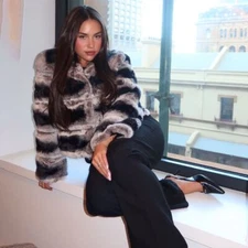 Short Chinchilla Coat Women's Real Rex Rabbit Fur Jacket Winter Warm Outwear New