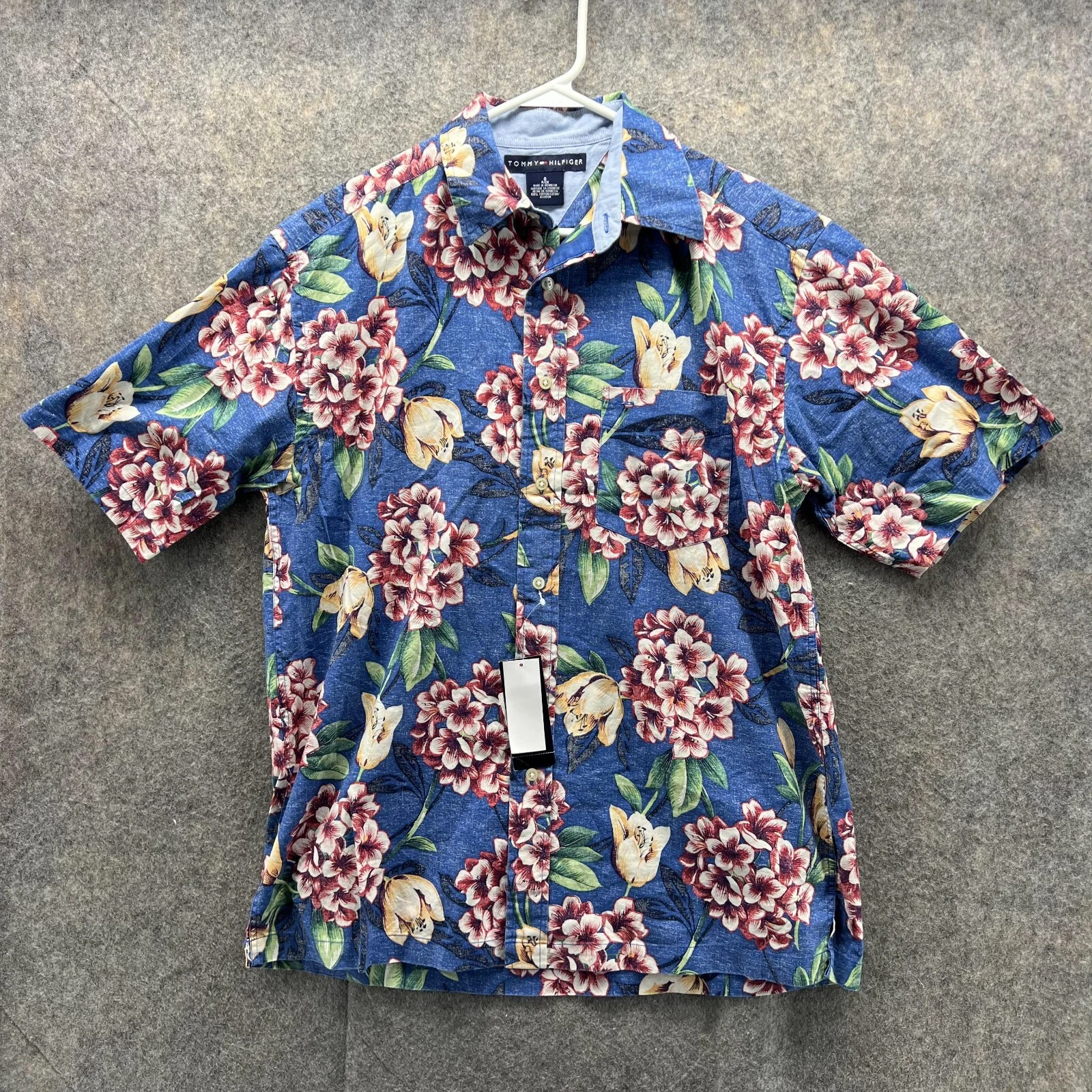 Tommy Hilfiger Shirt Men Small Blue Floral Casual Button Down Preppy Hawaiian