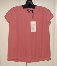 NWT Theory size Large carnation pink shirred yoke 100% silk short sleeve top