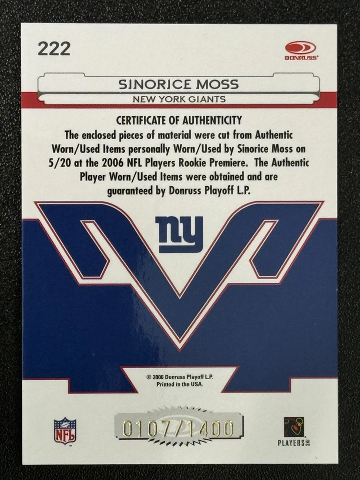 2006 Leaf Certified Materials #222 Sinorice Moss #/1400 Freshman Fabric RC Relic - Image 2 of 2