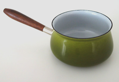Butterpfännchen Stielpfännchen klein Emaille Teak 70er Vintage d 9,5 cm