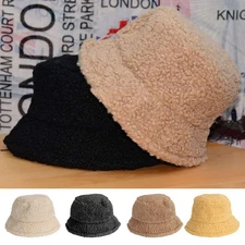 Fluffy Fur Bucket Hat - Warm Fisherman Plush Winter Hat Women Faux Lamb Wool Hat