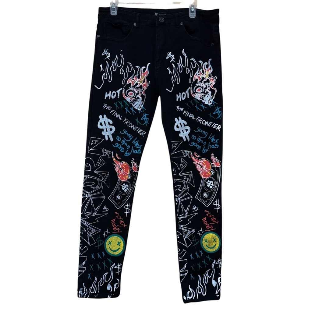 Waimea Men’s Black StretchSkinny Fit Graffiti Jeans 34x30 Pants