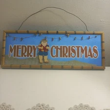 MERRY CHRISTMAS Holiday Wood Sign Plaque - Tropical Santa in Sunglasses on Beach