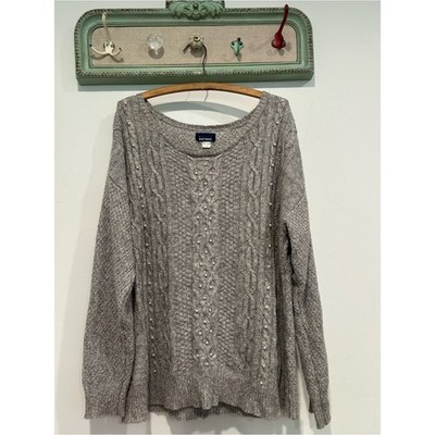 Basic Editions Gray cotton nylon blend Beaded pearl Cable Knit Neck Sweater larg