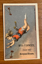Vintage illustrated trade card, Trapeze performer M'lle Frances, European Circus