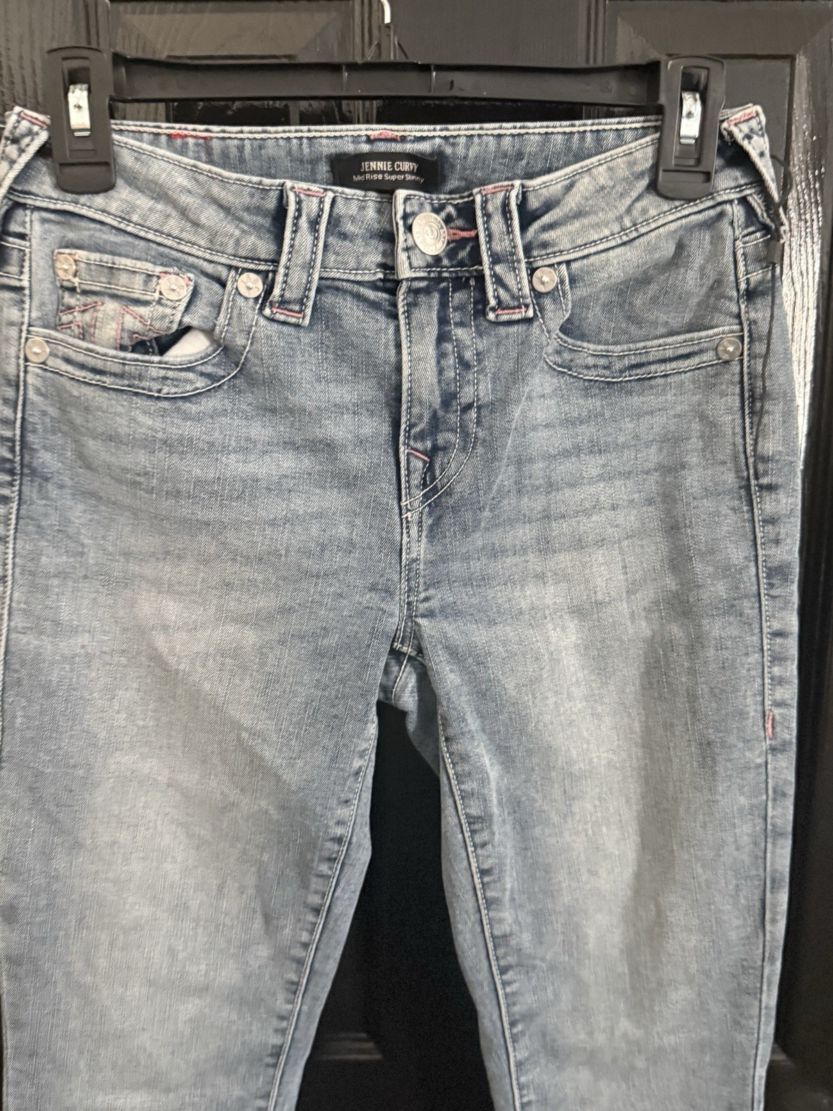 True Religion Curvy Mid Rise Skinny Jeans Blue Denim Embroidered Medium Wash thumbnail 3