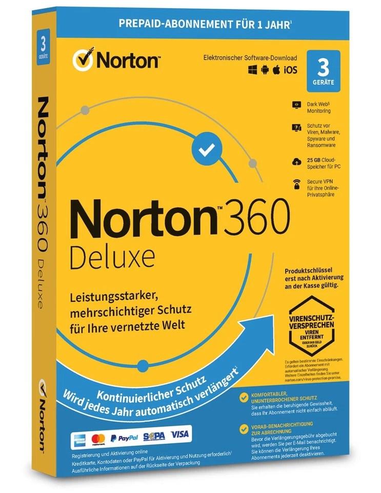 Norton 360 Deluxe 3 Geräte 1 Jahr inkl. 25GB PC, iOS, MAC, Android ESD ABO