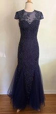Sherri Hill Navy Beaded Mermaid Gown  Cap sleeve Sheer Neckline Size 2