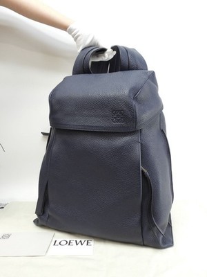 LOEWE T Backpack 316.41.P32 Navy Leather Men's Rucksack Silver Hardware Auth