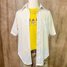 Vintage 70s Polyester Button Up Shirt White Short Sleeve Dagger Collar Retro