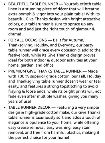 Give Thanks Thanksgiving Printed 14"x"108" Table Runner by Your Tablecloth NWT! - Picture 6 of 9