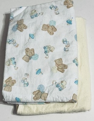 2 LITTLE WONDERS Flannel Baby Receiving Blankets 28x40'' Teddy Bears Blocks USA