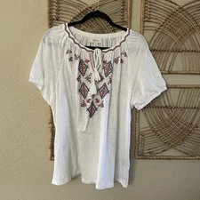 Style & Co Southwest Aztec Embroidered Peasant Blouse White Women's Sz PXL B43