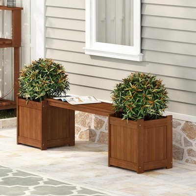 TIOMAN Planter Box with Bench, Hardwood Flower Box with Seat, Cube Garden Box,