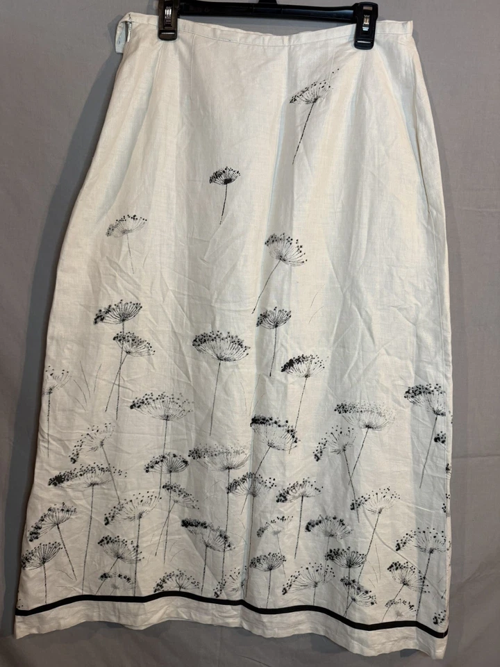 Susan Bristol 亚麻尺寸 12 串珠黑色白色花卉印花 a 字裙新品 — 第 2/4 张图片