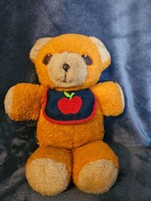 Vintage Plush Fisher Price 1975 Squeaker Orange Freddy Teddy Bear Apple Bib 11  
