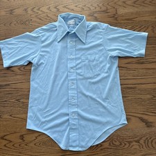 Vintage 1970s Van Heusen Dagger Collar Button Up Shirt 16.5 Blue Disco Vanknit