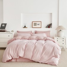 Pink Seersucker Duvet Cover Queen 100 Cotton 3 Pcs Set 1 Soft White Striped ...