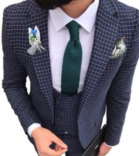Designer Business Blue Checkered Men's Suit Jacket Pants Vest Tailored Slim Fit