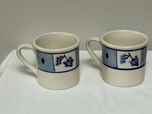 HARTSTONE Mugs Blue Orchard Grapes Apple Diamond Signed 1982 Set of 2