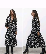 Zara Emilie Dress Women Sz XS Black White Pattern Button Up Pockets Dress NEW