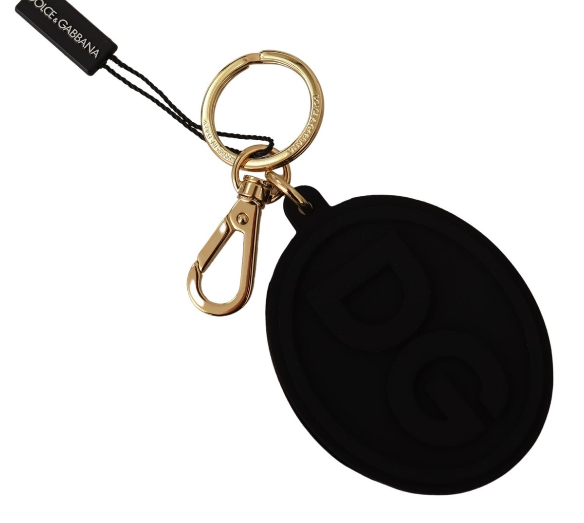 DOLCE & GABBANA Keychain Black Rubber DG Logo Gold Brass Metal