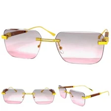 Mens Classy Elegant Modern Retro Hip Hop SUNGLASSES Rimless Gold Frame Pink Lens