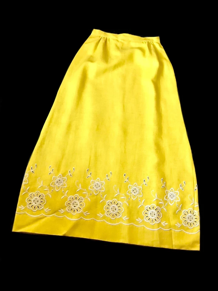 vintage 1960s yellow linen long skirt  Mod floral embroidery maxi skirt US 10 - Image 2 of 4