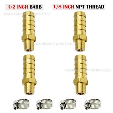 (4 Pack) 1/2" Hose Barb X 1/8" MALE NPT Brass Pipe Fitting NPT Thread + Clamps