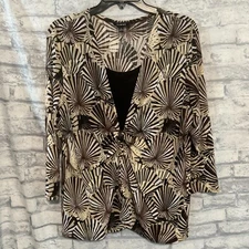 Elementz Blouse Womens XL Tan Black Built In Tank Ring Closure Long Sleeve