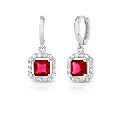 925 Sterling Silver Lab Created  Ruby Princess Cut Halo Lever-back Earrings