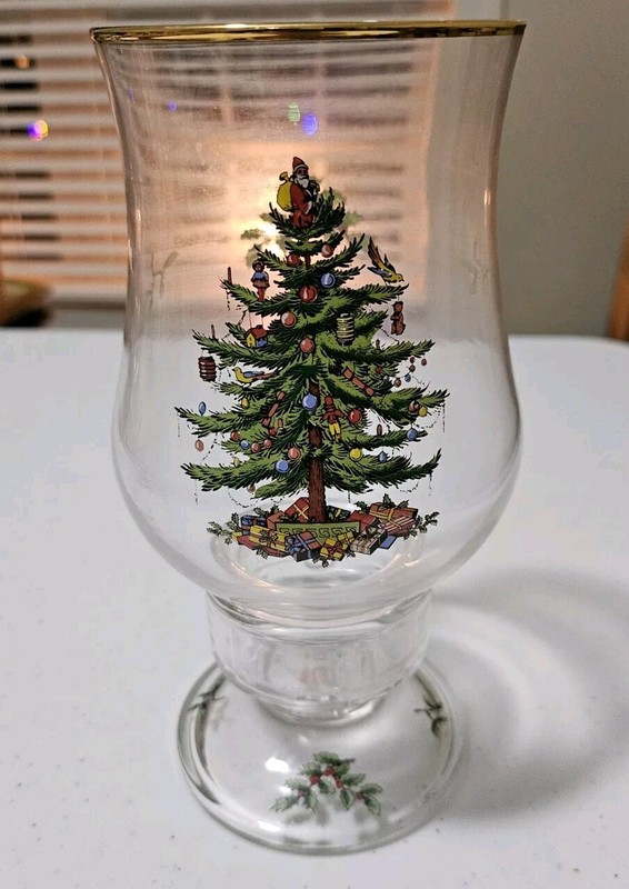 8" Tall Spode Christmas Tree Clear Glass Candle Holder Hurricane Lamp w/Box