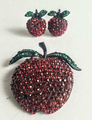 Weiss Apple Brooch and Matching Earring Set Missing a few Stones