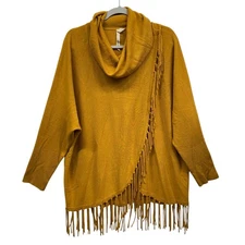 NY Collection Sweater Womens XL Gold Cowl Neck Fringe Hem Split Poncho Style